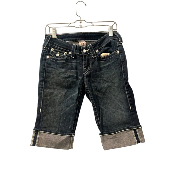 True Religion Cuffed Bermuda Denim Jean Shorts Size 27 Embroidered Studded Jewel - Picture 1 of 5